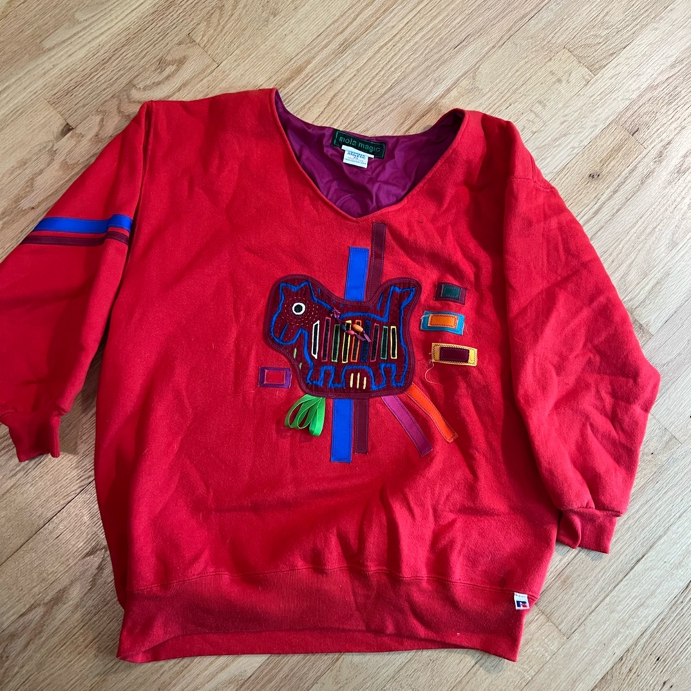 Vibrant Red and Blue Graphic Hoodie Crew Neck